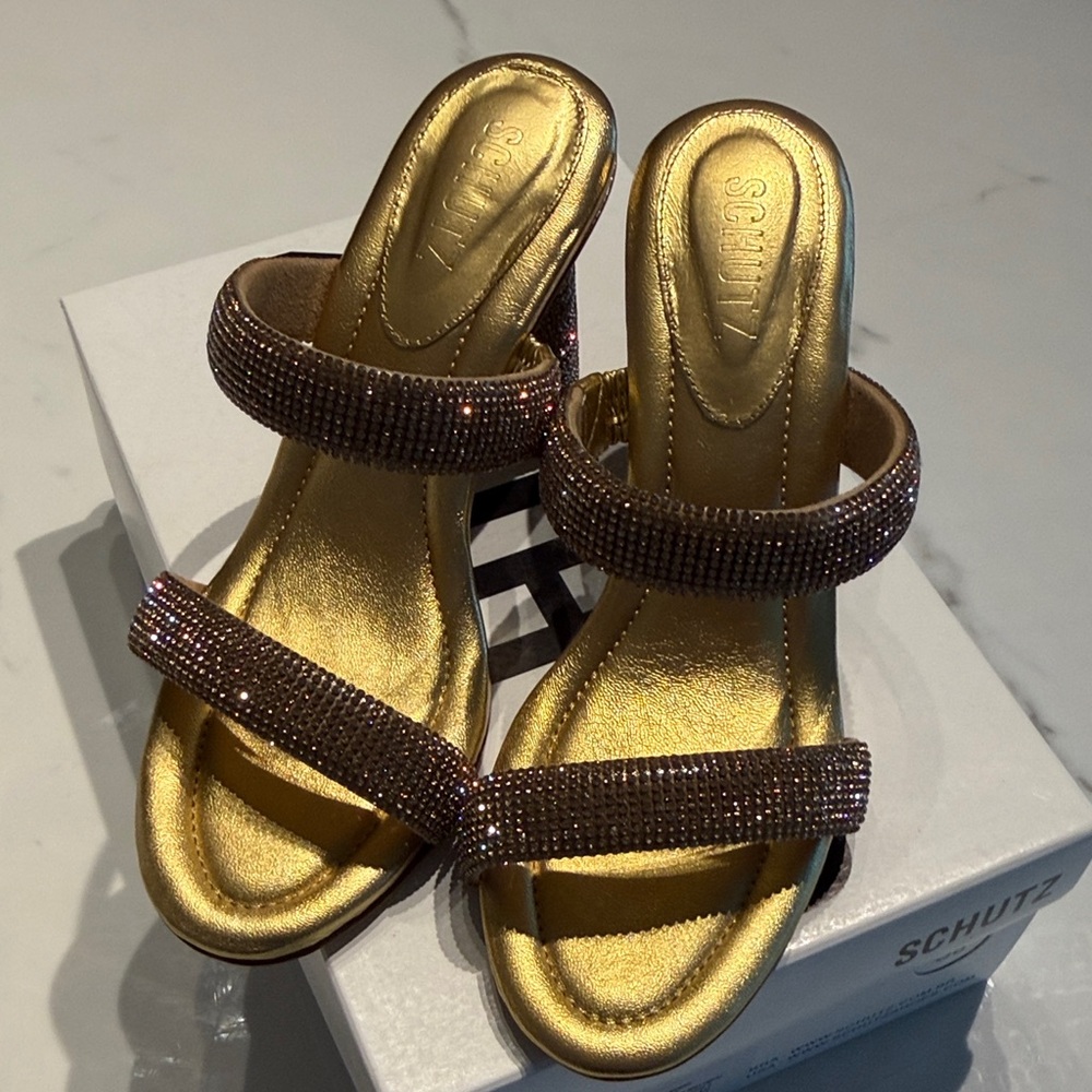 SCHUTZ Gold Metallic Crystal-Strap Slide Mules